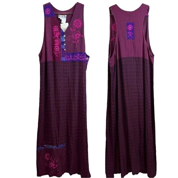 Faith by Celia Forrester Embroidered Patchwork Floral Art Dress Burgundy Size L - Picture 8 of 8
